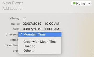 set timezone for event mac calendar